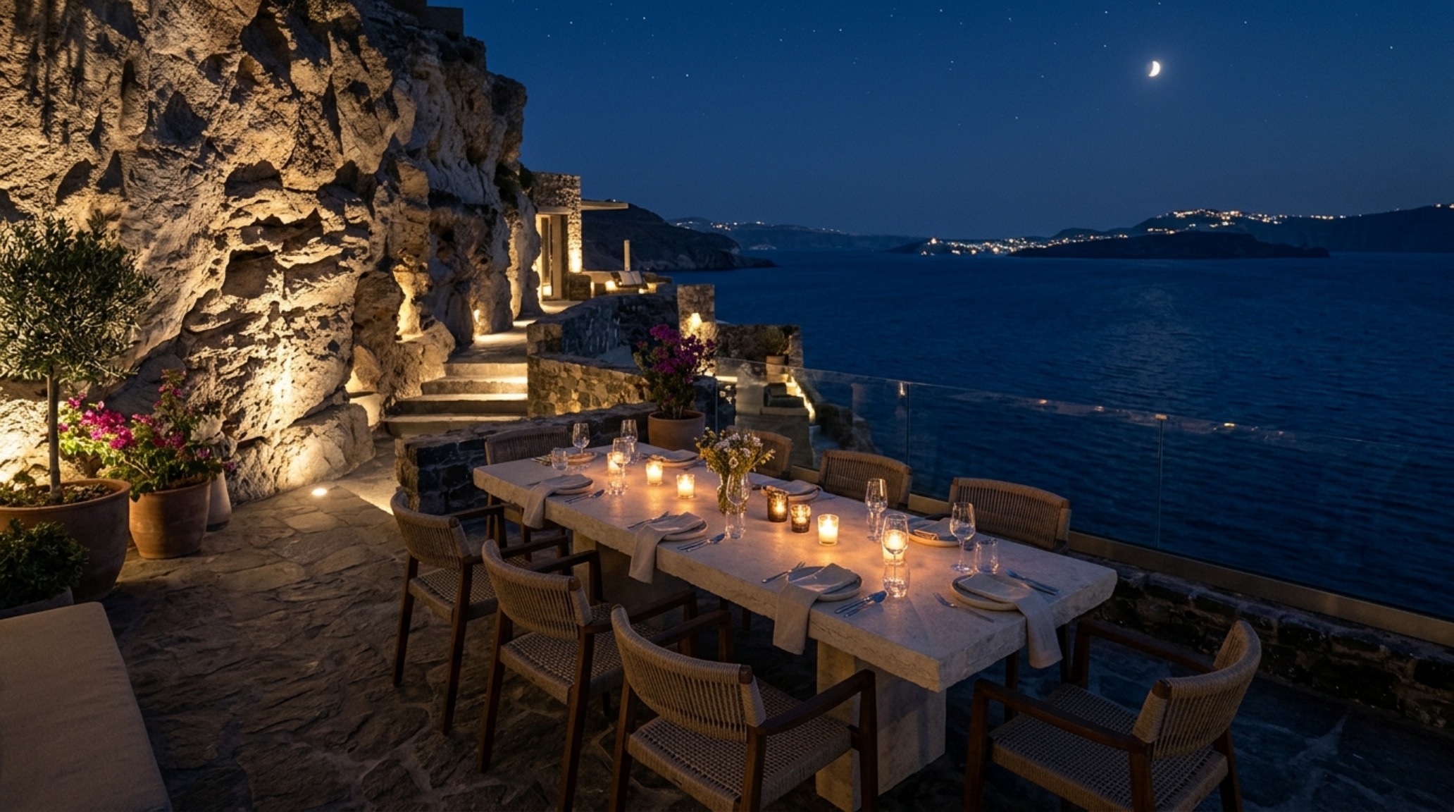 best new luxury hotels greece 2024 outdoor dining terrace with 30-inch chair clearances and locally sourced stone furniture