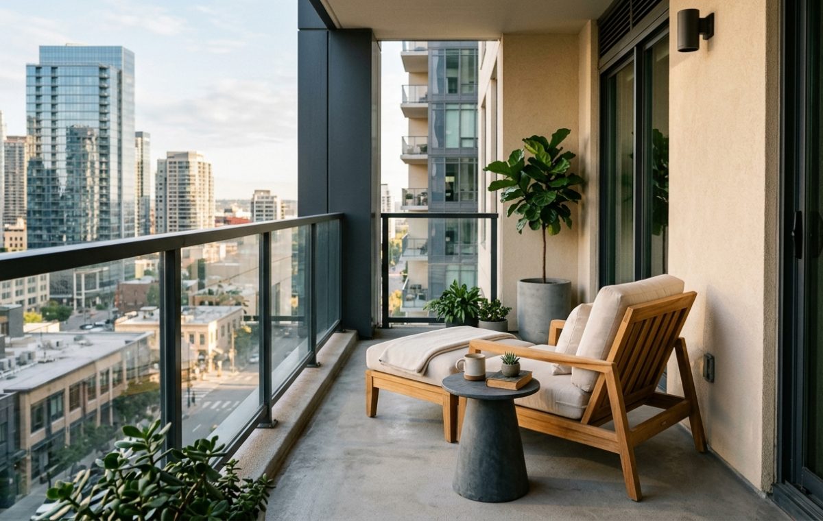 High-end small apartment balcony ideas featuring a neutral color palette of warm alabaster and charcoal, showcasing a minimalist lounge chair and a small stone side table under soft morning light.
