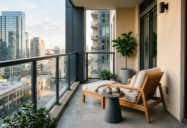 High-end small apartment balcony ideas featuring a neutral color palette of warm alabaster and charcoal, showcasing a minimalist lounge chair and a small stone side table under soft morning light.