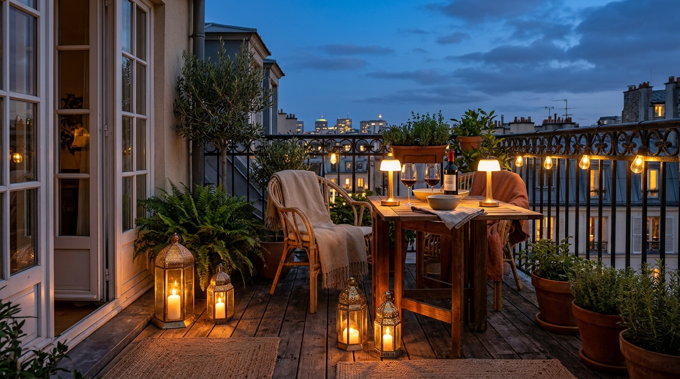 A cozy balcony corner featuring layered lighting with a floor lantern and a wall-mounted brass sconce, emphasizing 2700K warmth.