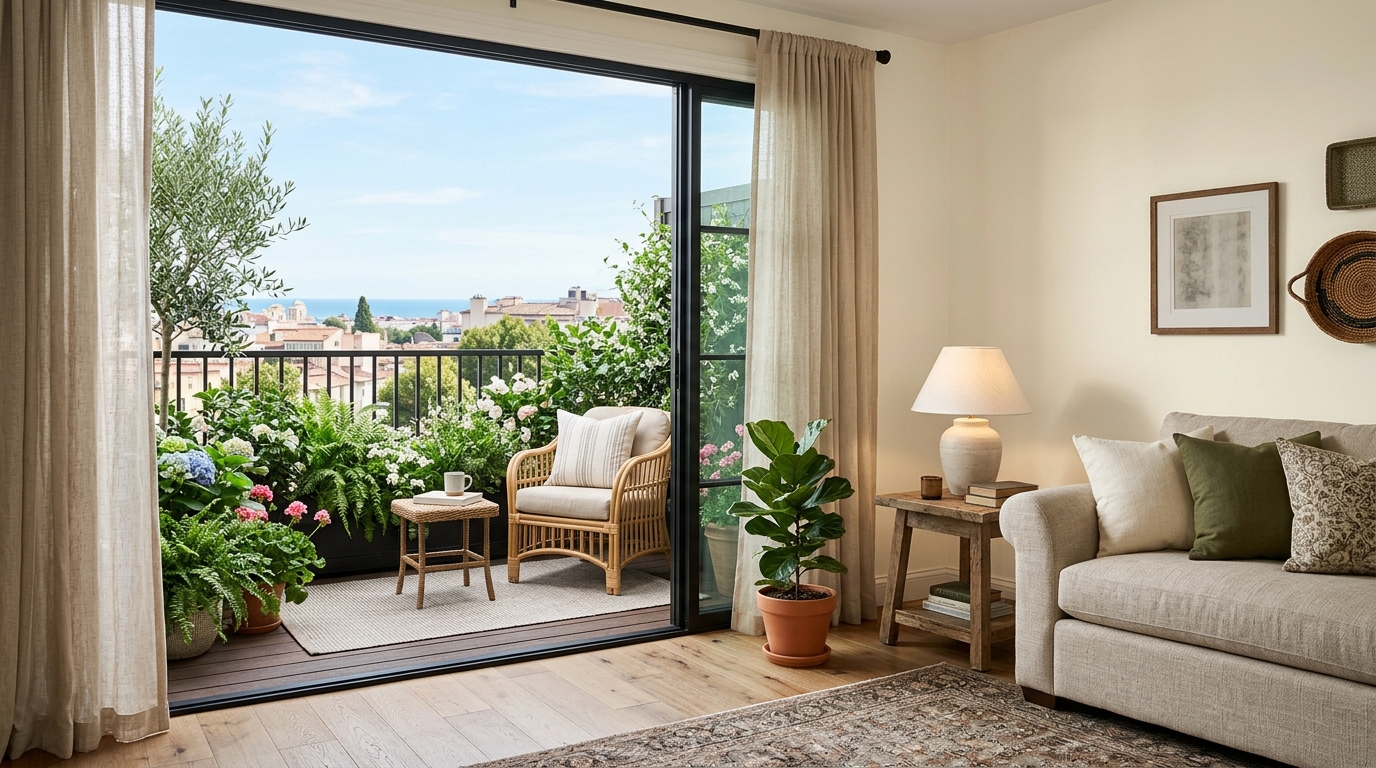 A balcony sanctuary showing the integration of indoor-outdoor flow with a low-profile sofa that aligns with interior sightlines.