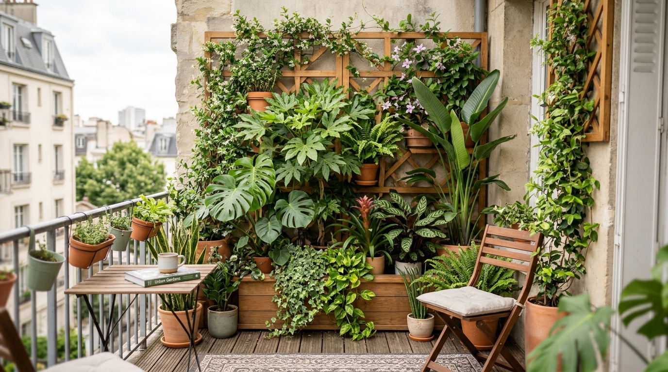 An urban terrace utilizing vertical space with a custom cedar slat wall and hanging architectural plants, lit by golden hour sun.