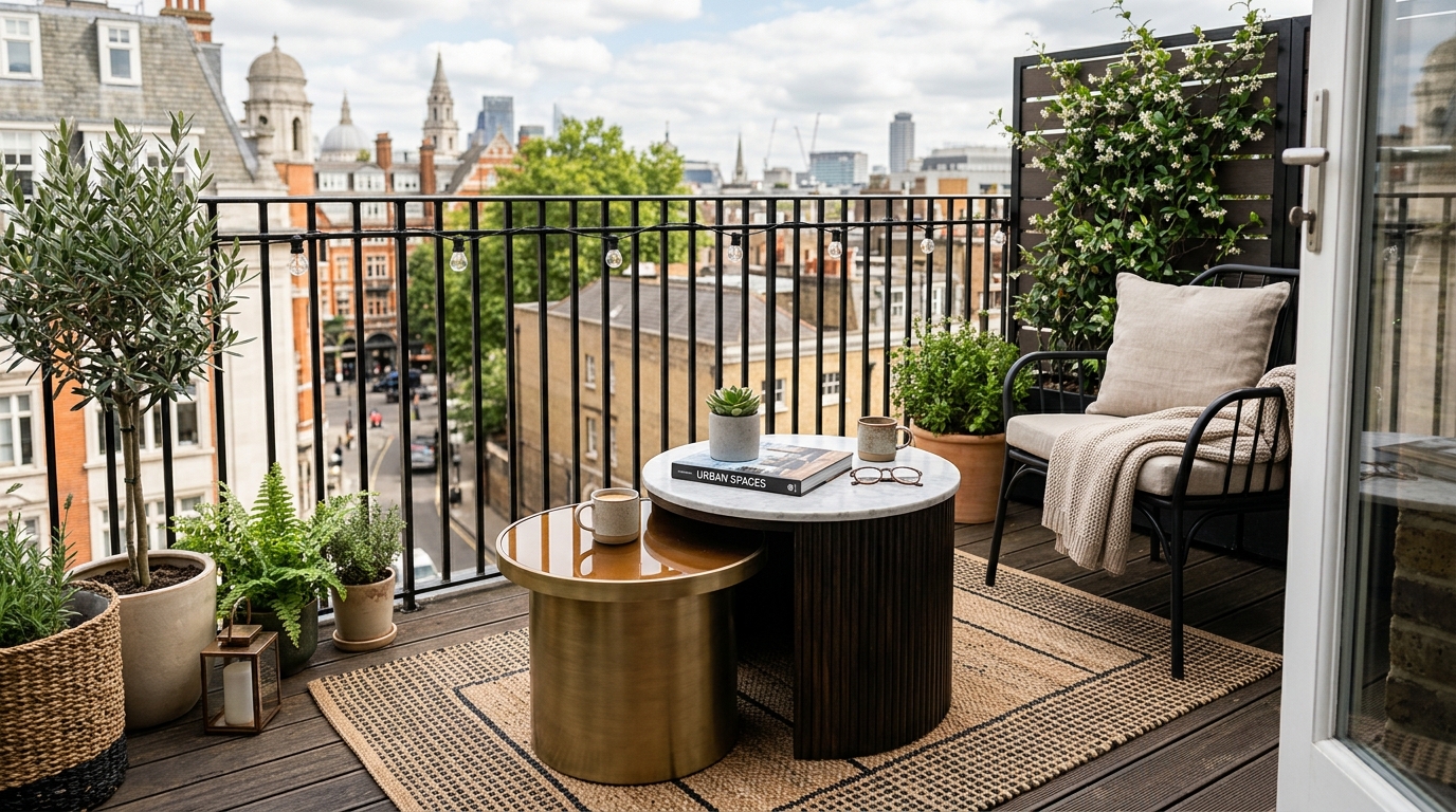 Modern small apartment balcony ideas layout featuring a nested coffee table set to maximize square footage and functionality.