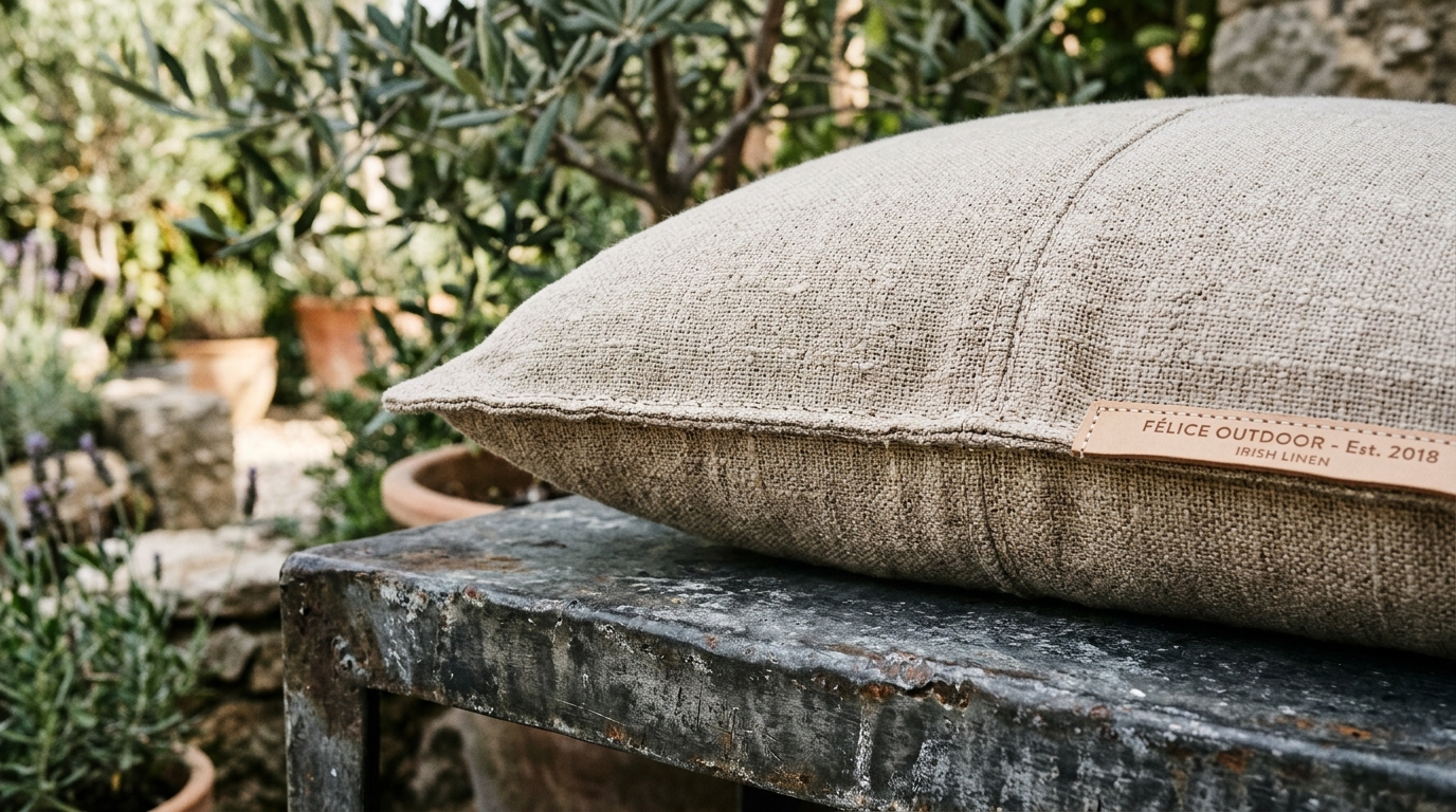 Tactile study of a heavy-denier linen cushion resting on a weathered zinc bench, showcasing luxury outdoor materiality.