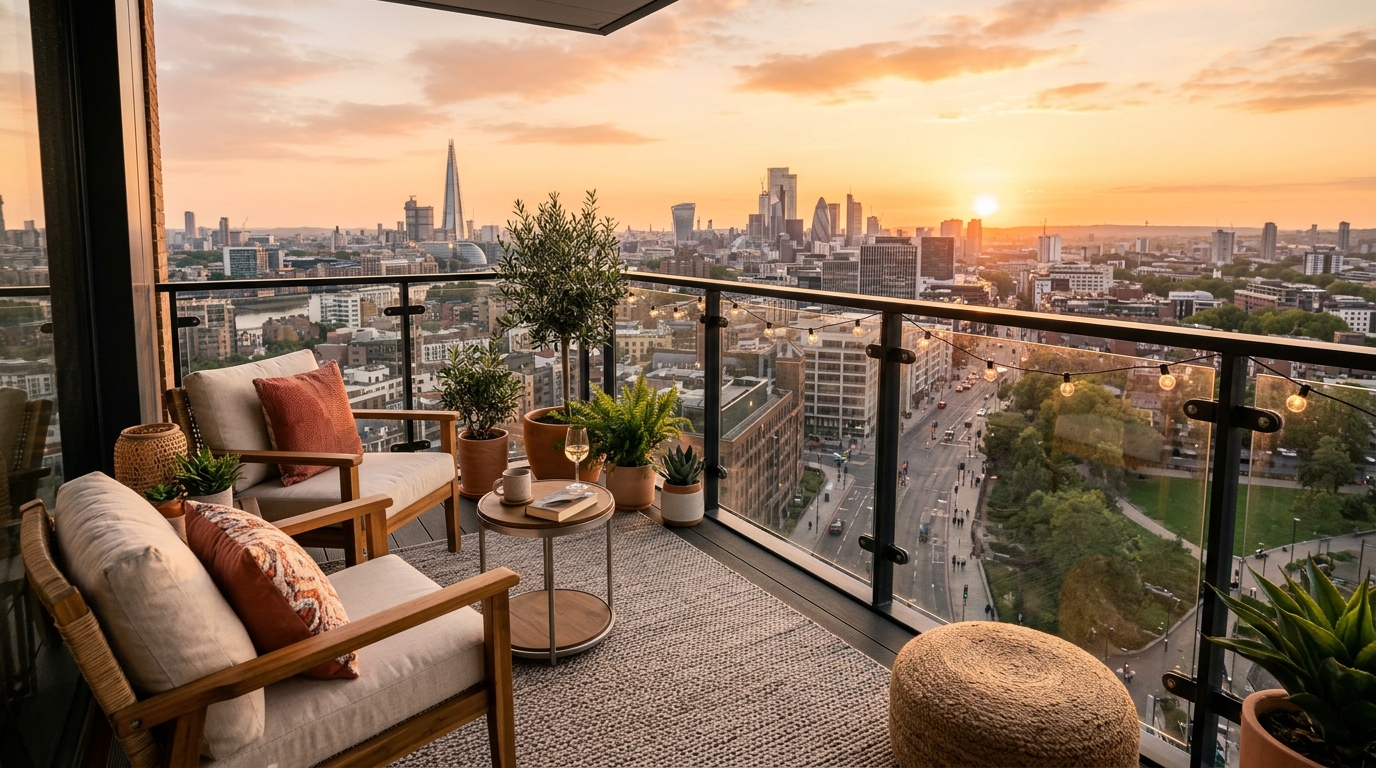 Wide-angle shot of a serene balcony overlooking the city, featuring light-colored furniture that reflects the warmth of Benjamin Moore Swiss Coffee paint.