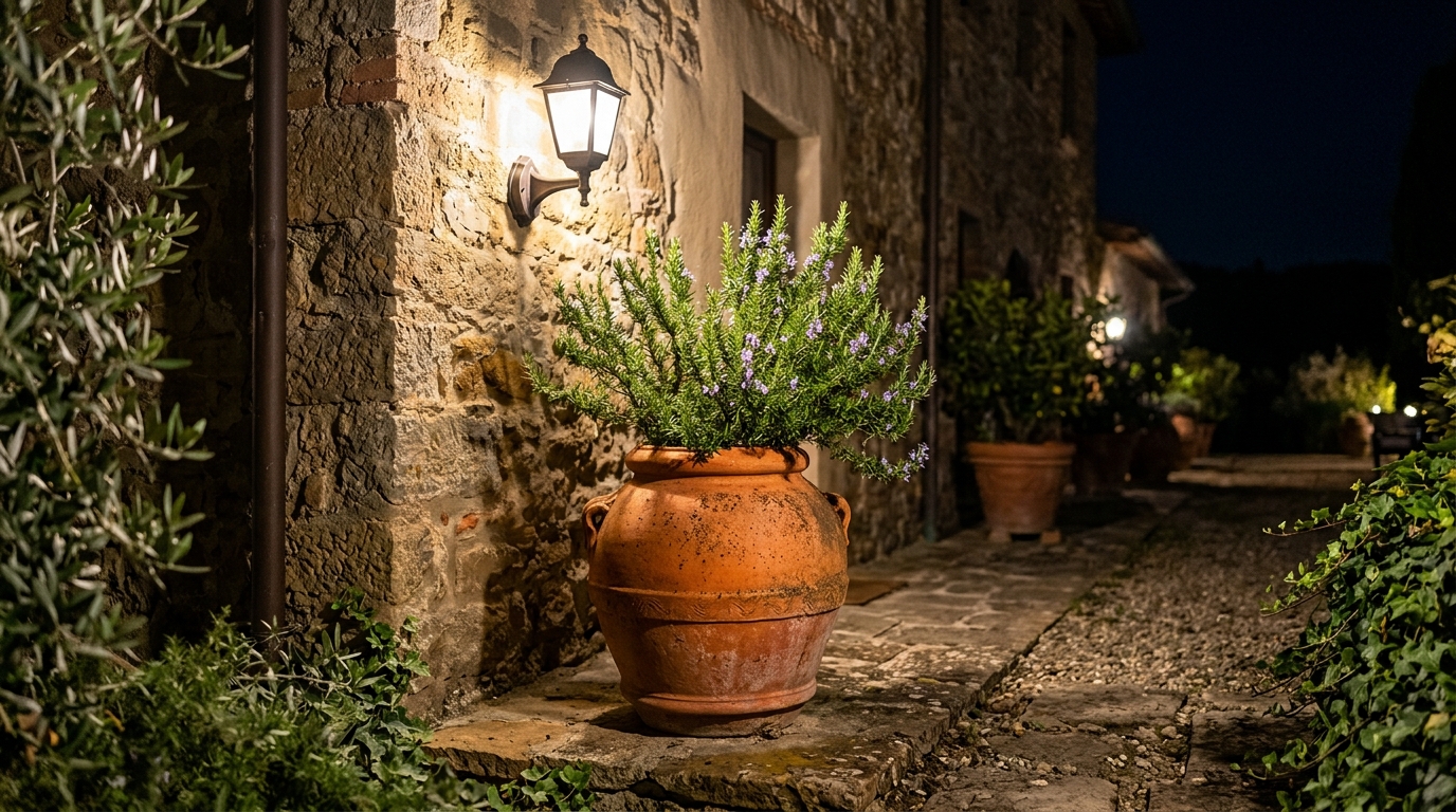 Detail of a high CRI 92+ LED outdoor lamp casting soft, accurate colors onto a terracotta planter and textured rug.