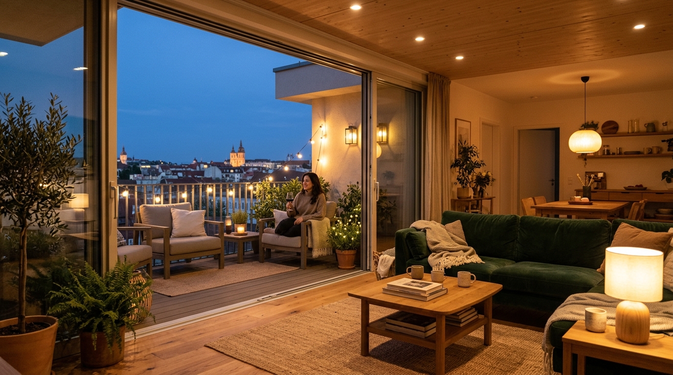 A balcony at dusk where the interior 2700K lighting matches the exterior fixtures, creating an expanded sense of volume.