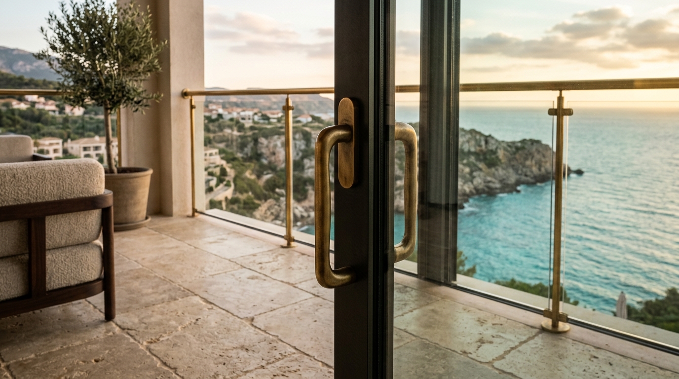 Close-up of a brushed brass balcony railing detail meeting a honed stone floor tile, emphasizing high-end architectural finishes.