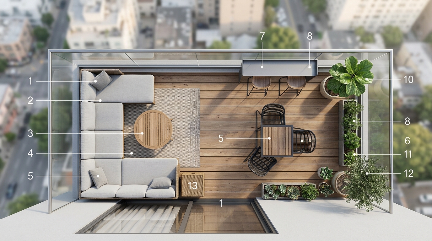 Top-down architectural view of a balcony layout illustrating the 36-inch walkway clearance and 18-inch coffee table reach, using modern Amazon Prime Day patio furniture deals.