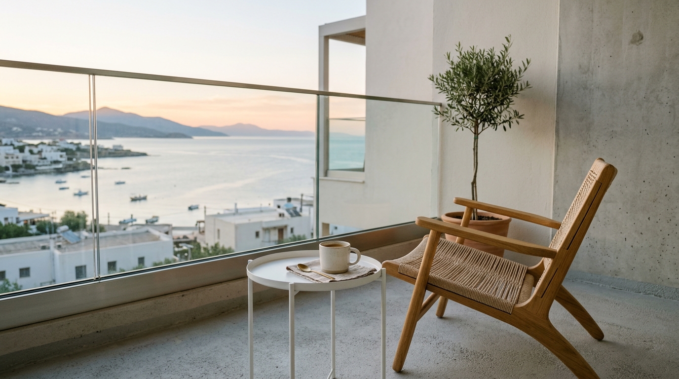 Final reflection image of a quiet, thoughtfully designed balcony with a single book and a cup of coffee, embodying a serene urban sanctuary.