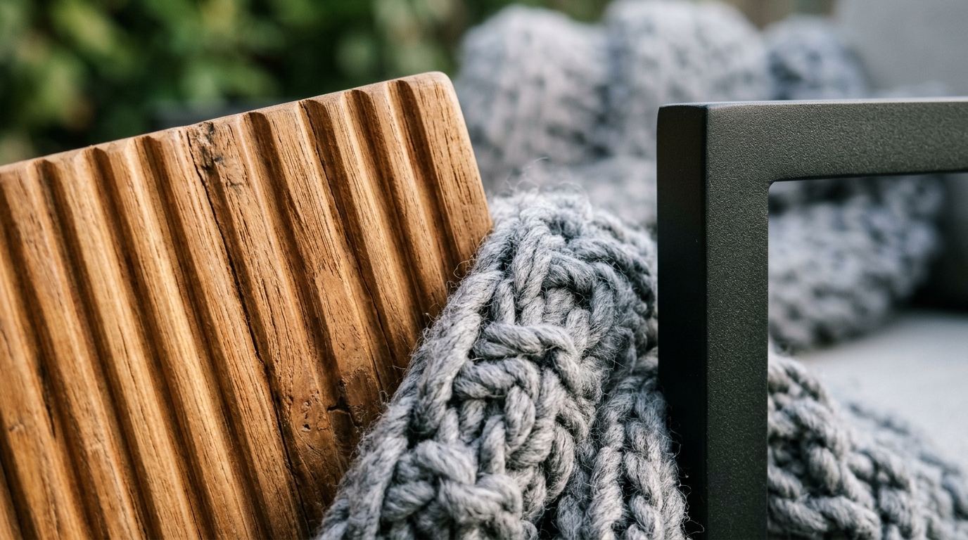 Macro shot of tactile balcony materials including fluted teak wood, a textured outdoor knit throw, and a matte powder-coated aluminum frame, emphasizing luxury textures for small spaces.