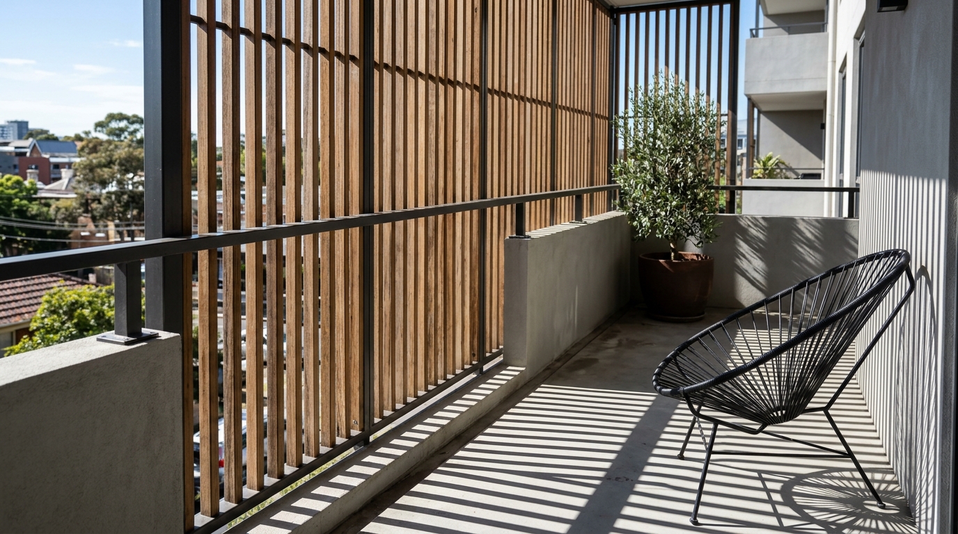 Minimalist architectural balcony with fluted oak privacy screens and a single sculptural chair, demonstrating negative space in small apartment balcony ideas.