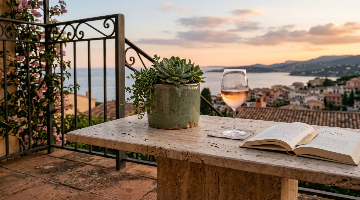 Detail of a honed travertine side table paired with a sage green ceramic planter on a modern metropolitan terrace with sunset lighting.
