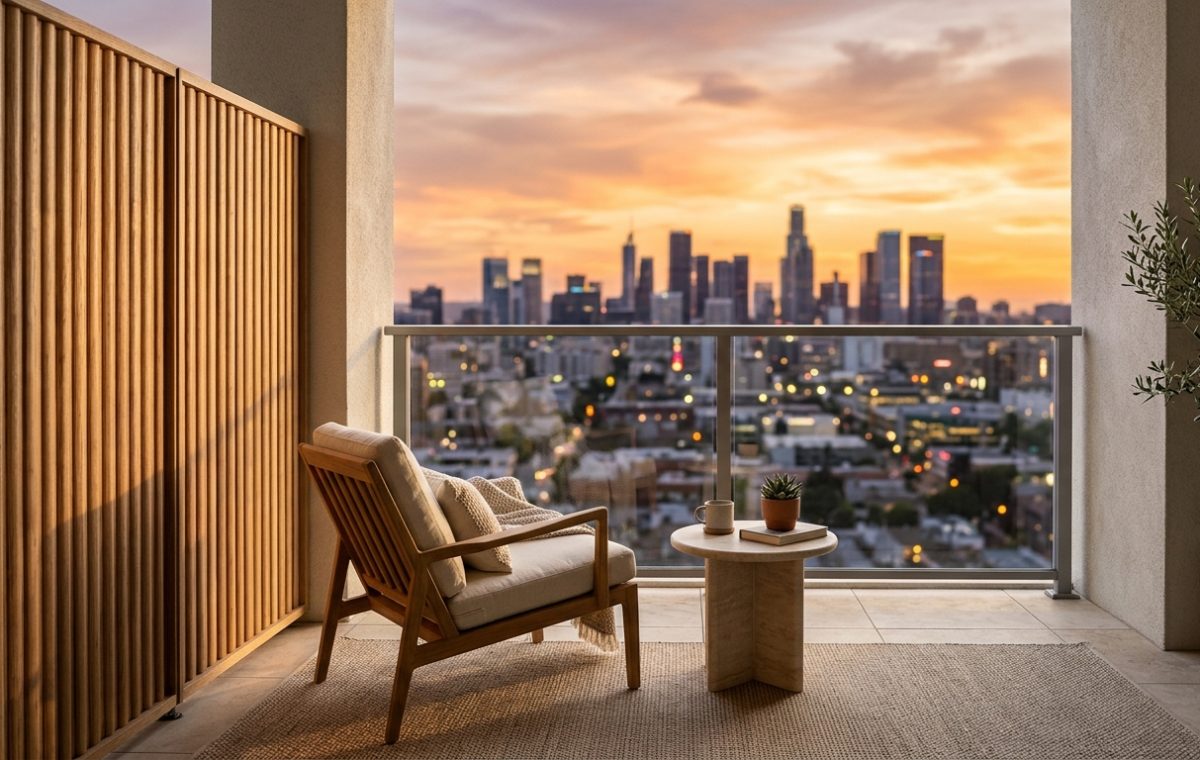 A hero shot of a luxury urban balcony featuring fluted oak privacy screens and a low-slung teak armchair, perfectly embodying modern small apartment balcony ideas.