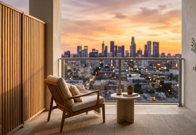 A hero shot of a luxury urban balcony featuring fluted oak privacy screens and a low-slung teak armchair, perfectly embodying modern small apartment balcony ideas.