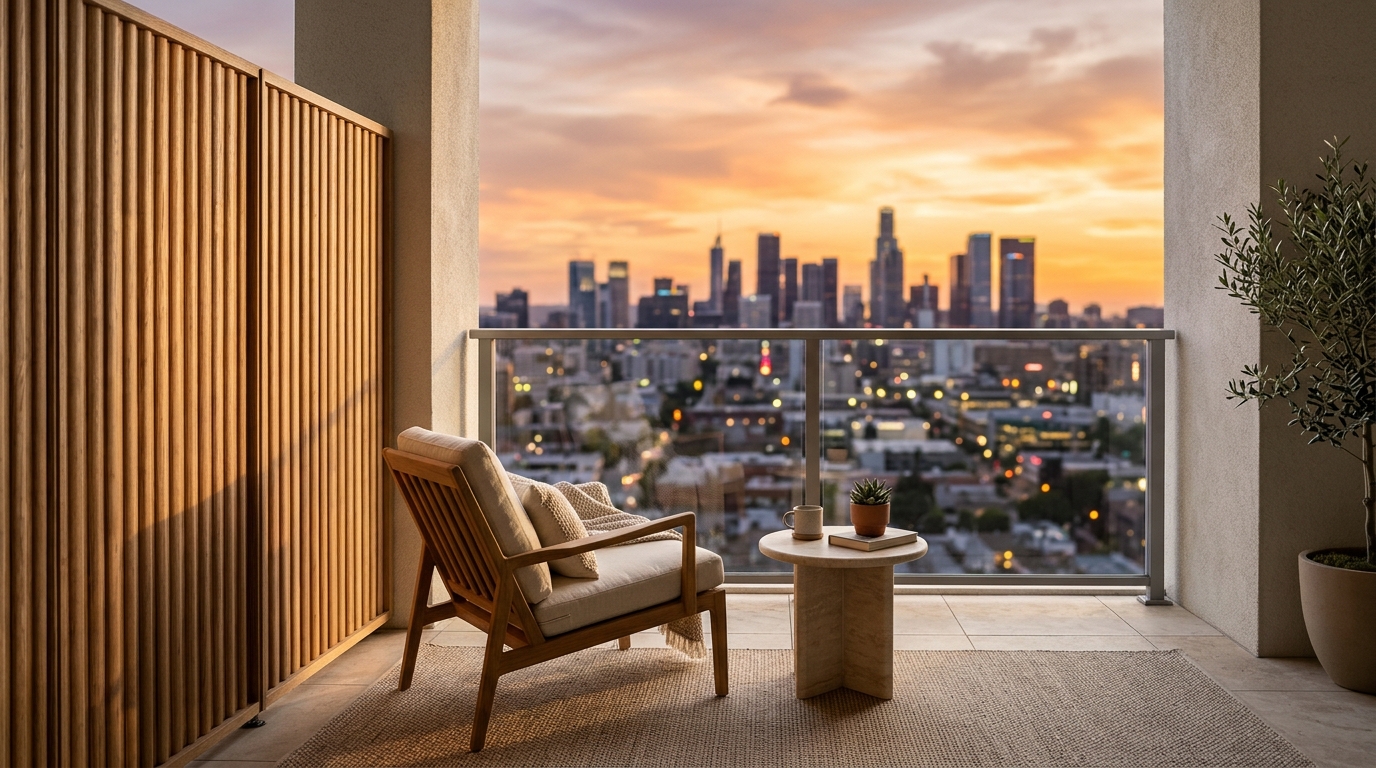 A hero shot of a luxury urban balcony featuring fluted oak privacy screens and a low-slung teak armchair, perfectly embodying modern small apartment balcony ideas. A hero shot of a luxury urban balcony featuring fluted oak privacy screens and a low-slung teak armchair, perfectly embodying modern small apartment balcony ideas.