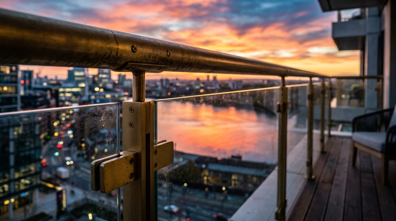 Luxury small apartment balcony ideas featuring a bespoke brushed brass railing and custom-fitted outdoor cushions in slate grey. Luxury small apartment balcony ideas featuring a bespoke brushed brass railing and custom-fitted outdoor cushions in slate grey.