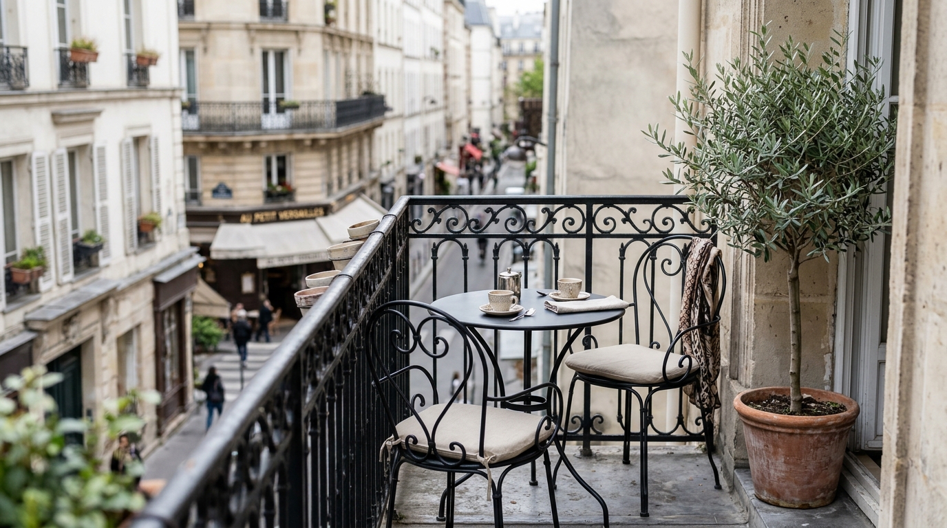 Small apartment balcony ideas layout showing a bistro set perfectly positioned within a 30-inch depth zone for optimal comfort. Small apartment balcony ideas layout showing a bistro set perfectly positioned within a 30-inch depth zone for optimal comfort.