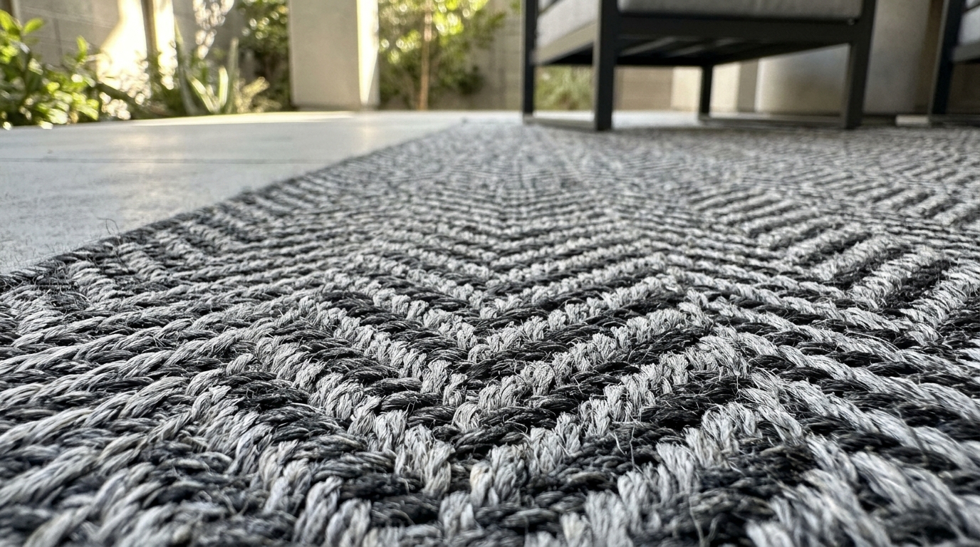 Detail shot of a weather-resistant PET fiber rug in a herringbone pattern, adding a layer of tactile grounding to a concrete balcony. Detail shot of a weather-resistant PET fiber rug in a herringbone pattern, adding a layer of tactile grounding to a concrete balcony.