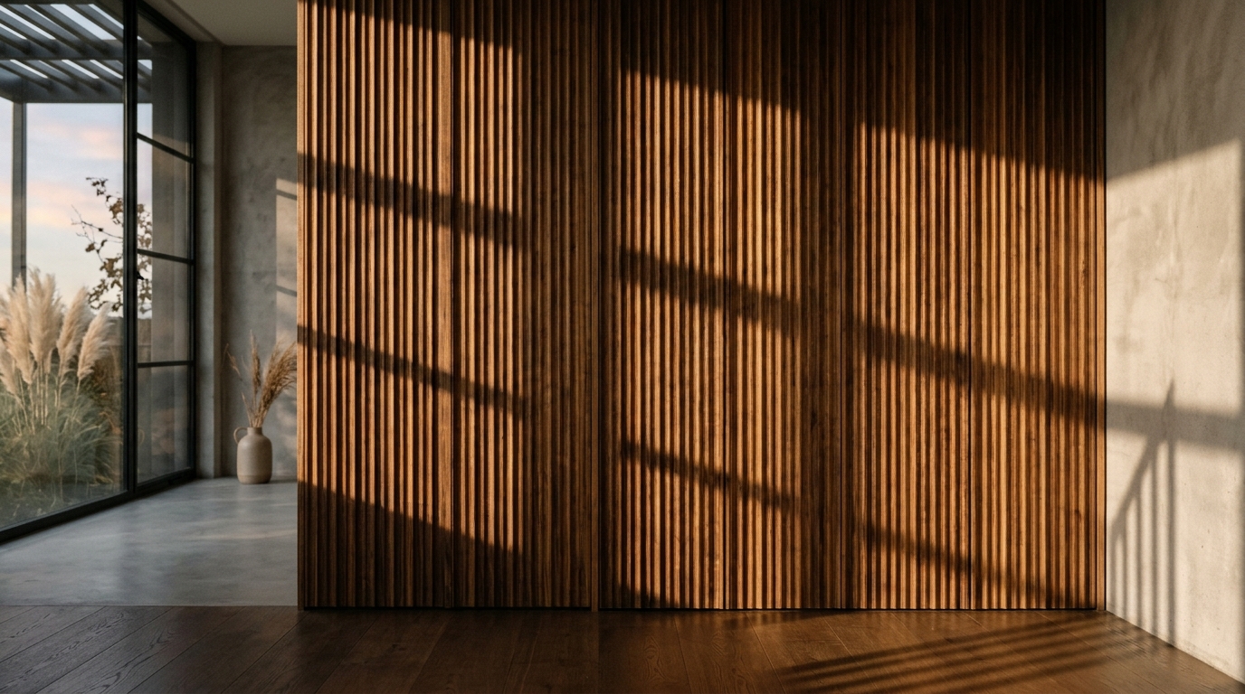 Soft evening shadows falling across a fluted oak screen, highlighting the rhythmic architectural lines of the privacy solution. Soft evening shadows falling across a fluted oak screen, highlighting the rhythmic architectural lines of the privacy solution.