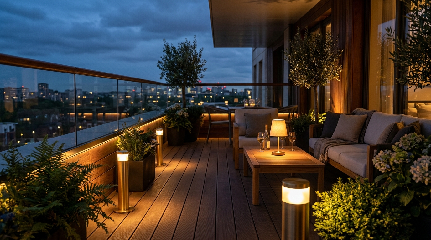 A small apartment balcony ideas lighting guide visual showing the difference between harsh overhead light and soft, layered 2700K ambient glow. A small apartment balcony ideas lighting guide visual showing the difference between harsh overhead light and soft, layered 2700K ambient glow.