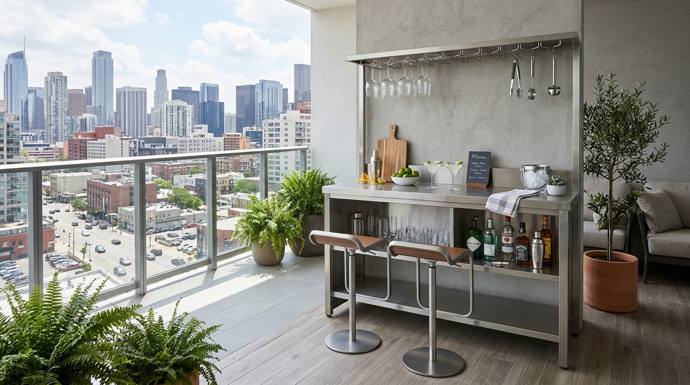 Compact outdoor kitchen setup on a balcony, maintaining strict 36-inch clearances for safe and ergonomic movement. Compact outdoor kitchen setup on a balcony, maintaining strict 36-inch clearances for safe and ergonomic movement.