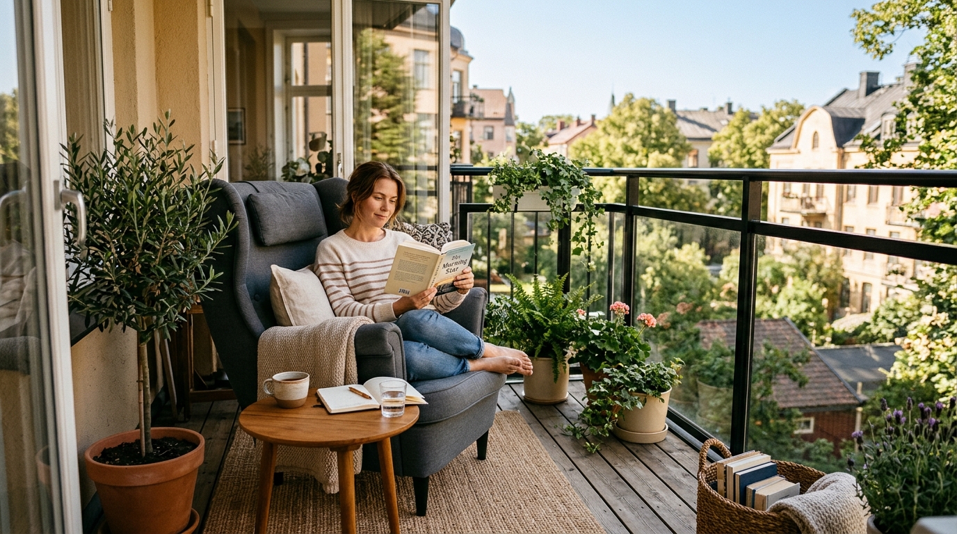 A cozy reading nook on a tiny balcony, featuring an 18-inch height side table and a high-back ergonomic lounge chair. A cozy reading nook on a tiny balcony, featuring an 18-inch height side table and a high-back ergonomic lounge chair.