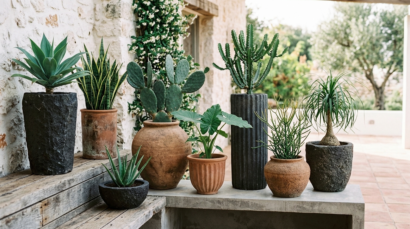 A collection of varied terracotta and basalt planters, demonstrating small apartment balcony ideas for curated botanical layering. A collection of varied terracotta and basalt planters, demonstrating small apartment balcony ideas for curated botanical layering.