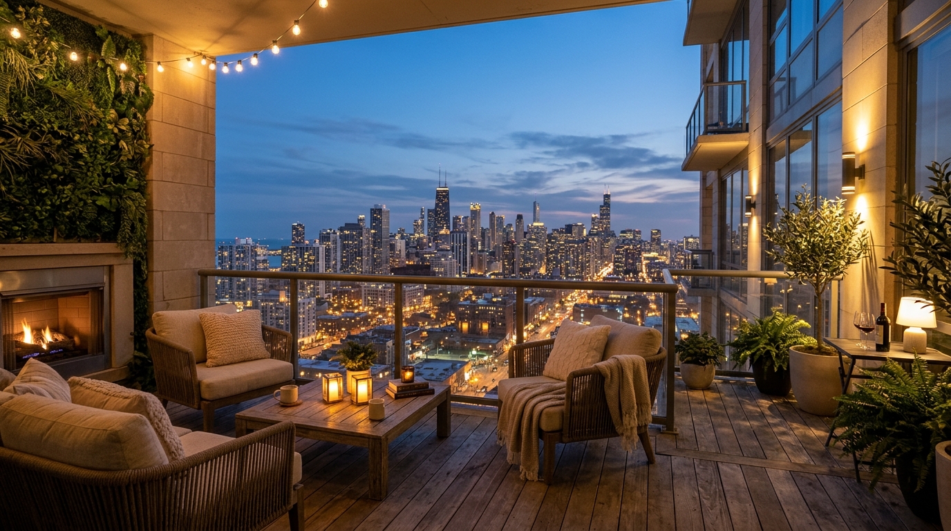 The final reflection of a peaceful balcony at twilight, where warm lighting and organic materials create a perfect urban sanctuary. The final reflection of a peaceful balcony at twilight, where warm lighting and organic materials create a perfect urban sanctuary.