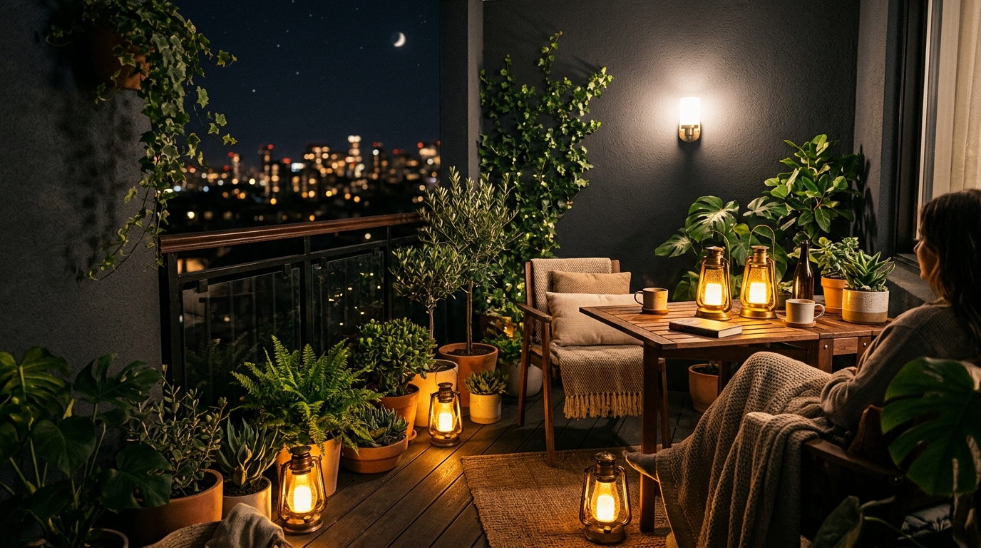 Small apartment balcony ideas lighting guide visual showing the warm 2700K amber glow of LED lanterns against a matte charcoal wall at dusk. Small apartment balcony ideas lighting guide visual showing the warm 2700K amber glow of LED lanterns against a matte charcoal wall at dusk.