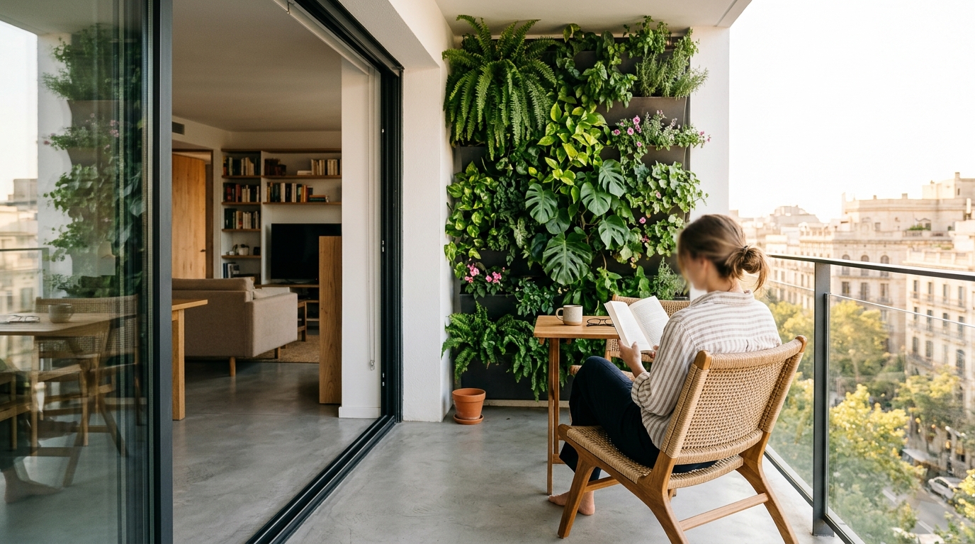 A lifestyle snapshot of a narrow balcony featuring ergonomic furniture and a vertical herb garden, illustrating small apartment balcony ideas ergonomics. A lifestyle snapshot of a narrow balcony featuring ergonomic furniture and a vertical herb garden, illustrating small apartment balcony ideas ergonomics.