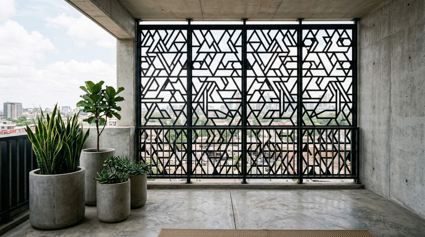Minimalist small apartment balcony ideas architecture featuring a floor-to-ceiling black metal trellis and oversized concrete planters. Minimalist small apartment balcony ideas architecture featuring a floor-to-ceiling black metal trellis and oversized concrete planters.