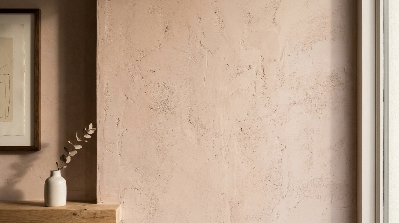Close-up of Farrow & Ball Setting Plaster limewash on a balcony wall, showcasing the soft tactile depth of the surface. Close-up of Farrow & Ball Setting Plaster limewash on a balcony wall, showcasing the soft tactile depth of the surface.