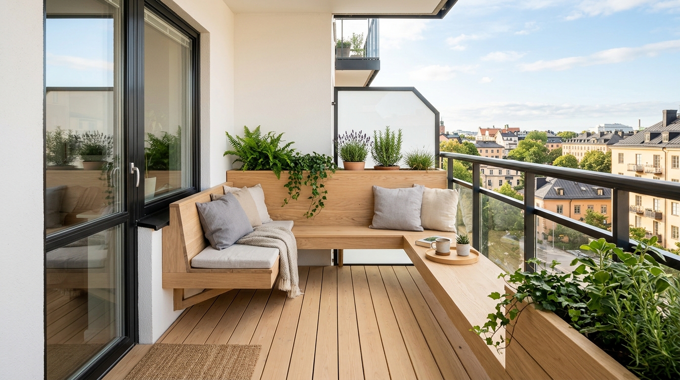 Small space small apartment balcony ideas utilizing a built-in floating bench to maximize floor area and maintain a 36-inch walkway. Small space small apartment balcony ideas utilizing a built-in floating bench to maximize floor area and maintain a 36-inch walkway.