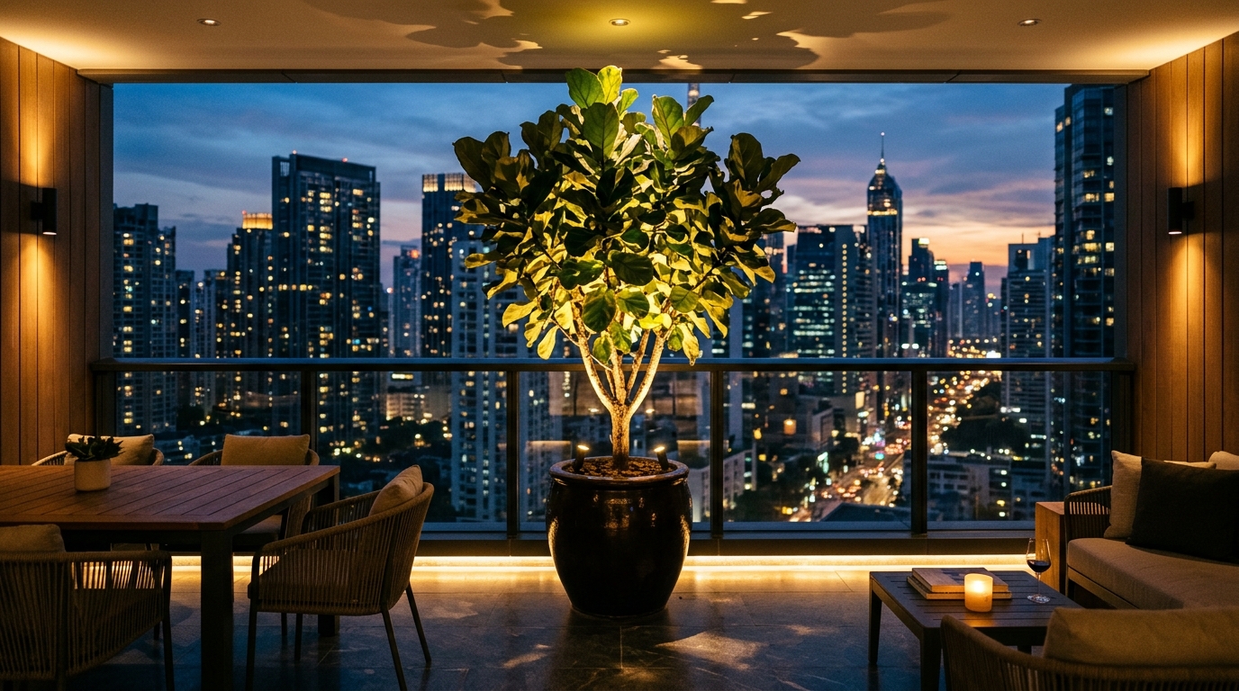 Dusk photography of a balcony with 2700K recessed floor lighting and high CRI 92 spotlights illuminating lush Monstera leaves. Dusk photography of a balcony with 2700K recessed floor lighting and high CRI 92 spotlights illuminating lush Monstera leaves.