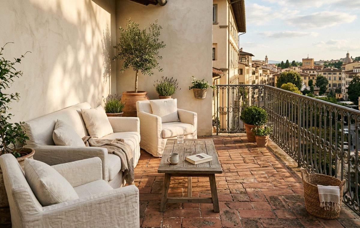 A high-end urban balcony featuring weathered terracotta tiles, plush Belgian linen seating, and warm afternoon sunlight hitting a limewash wall in Swiss Coffee.