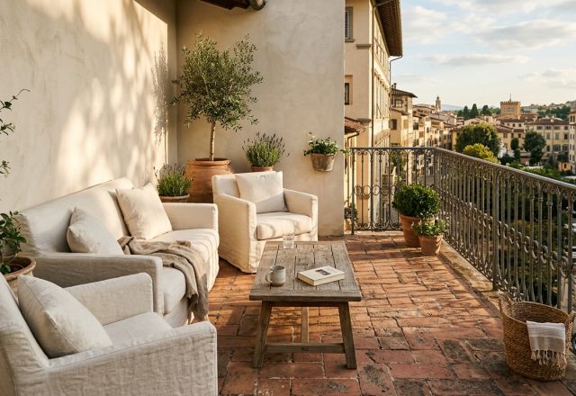 A high-end urban balcony featuring weathered terracotta tiles, plush Belgian linen seating, and warm afternoon sunlight hitting a limewash wall in Swiss Coffee.