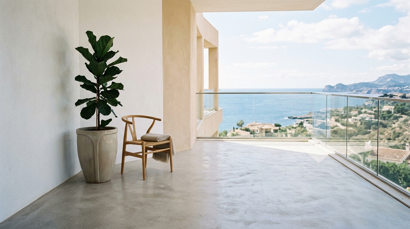 Minimalist spatial design for a balcony showing the use of negative space to create a sense of architectural volume.