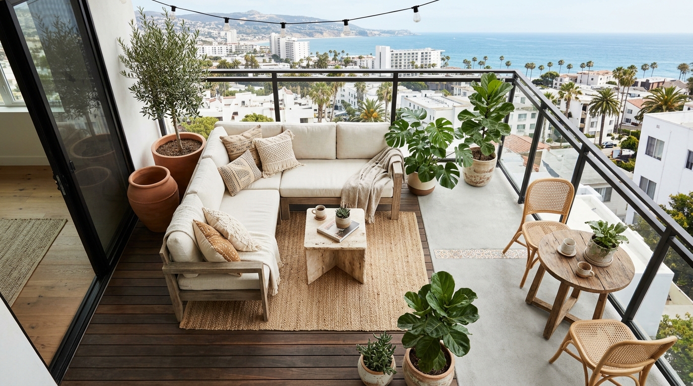 Architectural top-down view of a small balcony layout showing 36-inch walkways and ergonomically placed teak furniture to maximize spatial cadence.