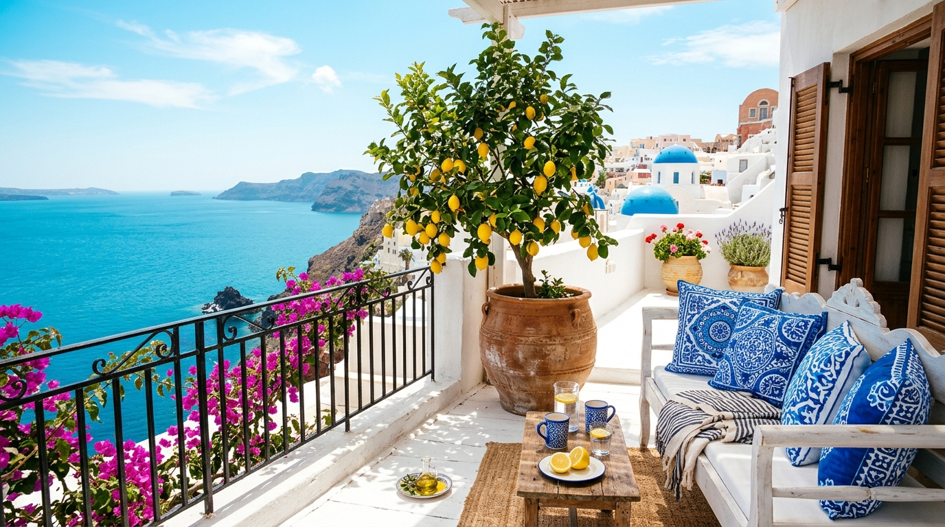 A Mediterranean-inspired balcony with white-washed floors and bright indigo textile accents for a vibrant Bohemian aesthetic.