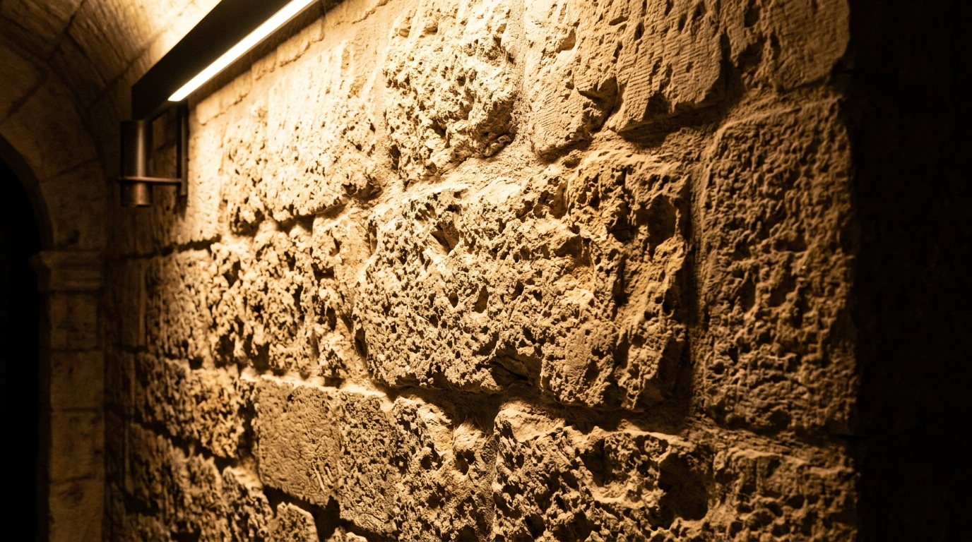 Detailed shot of a high-CRI outdoor lighting fixture illuminating the rich textures of a limestone wall and tropical foliage.