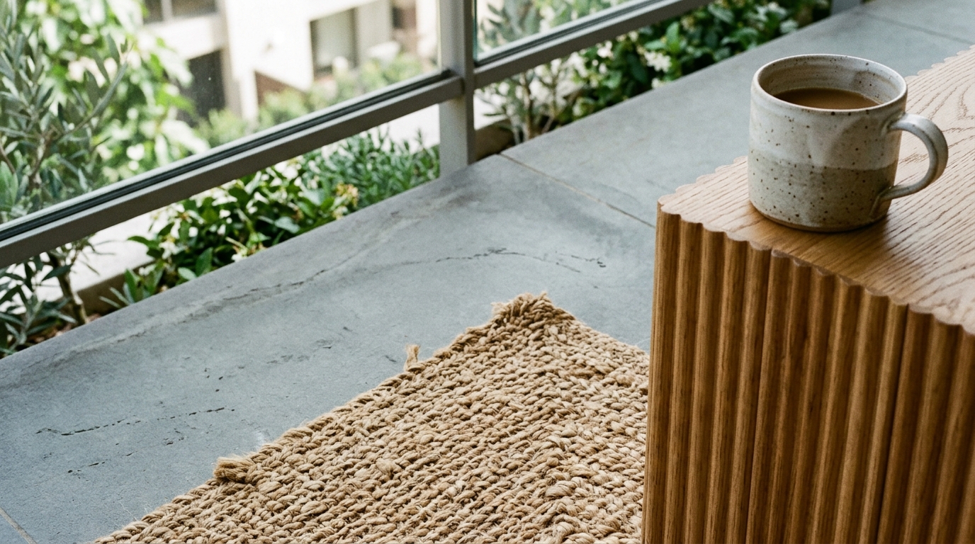 Close-up detail of tactile Bohemian materials: a honed travertine side table paired with a hand-woven jute rug and textured ceramic pottery.
