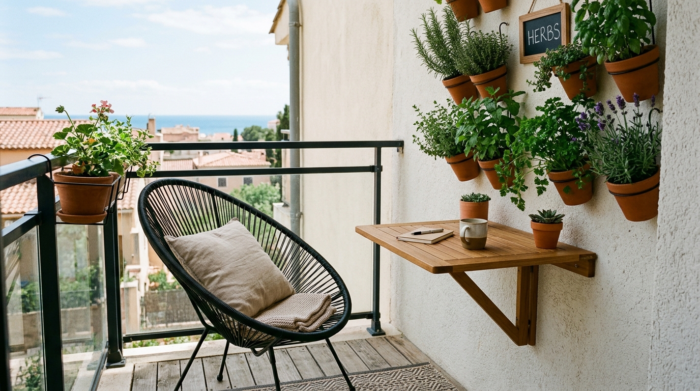Functional small space living snapshot showing a wall-mounted garden and a slim-profile Acapulco chair for optimized ergonomics.