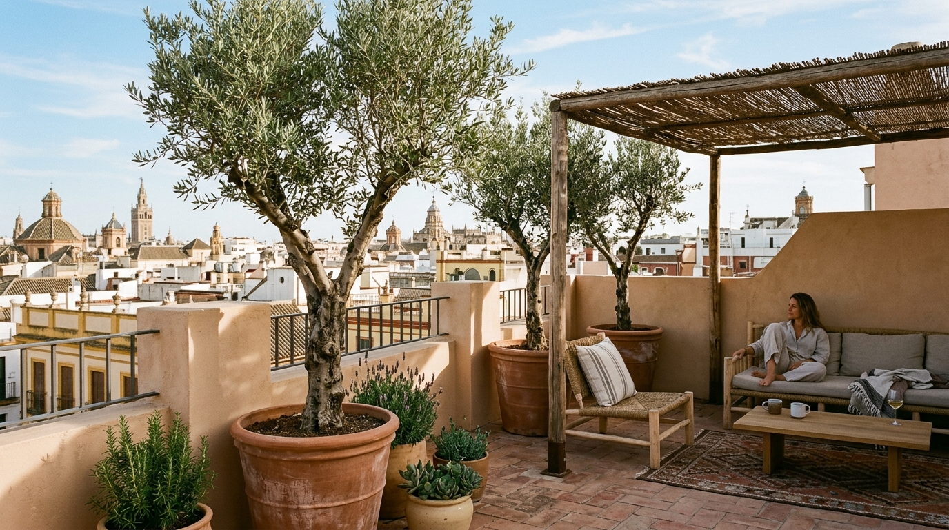 A sun-drenched terrace featuring Farrow and Ball Setting Plaster walls and a collection of oversized terracotta planters with olive trees.