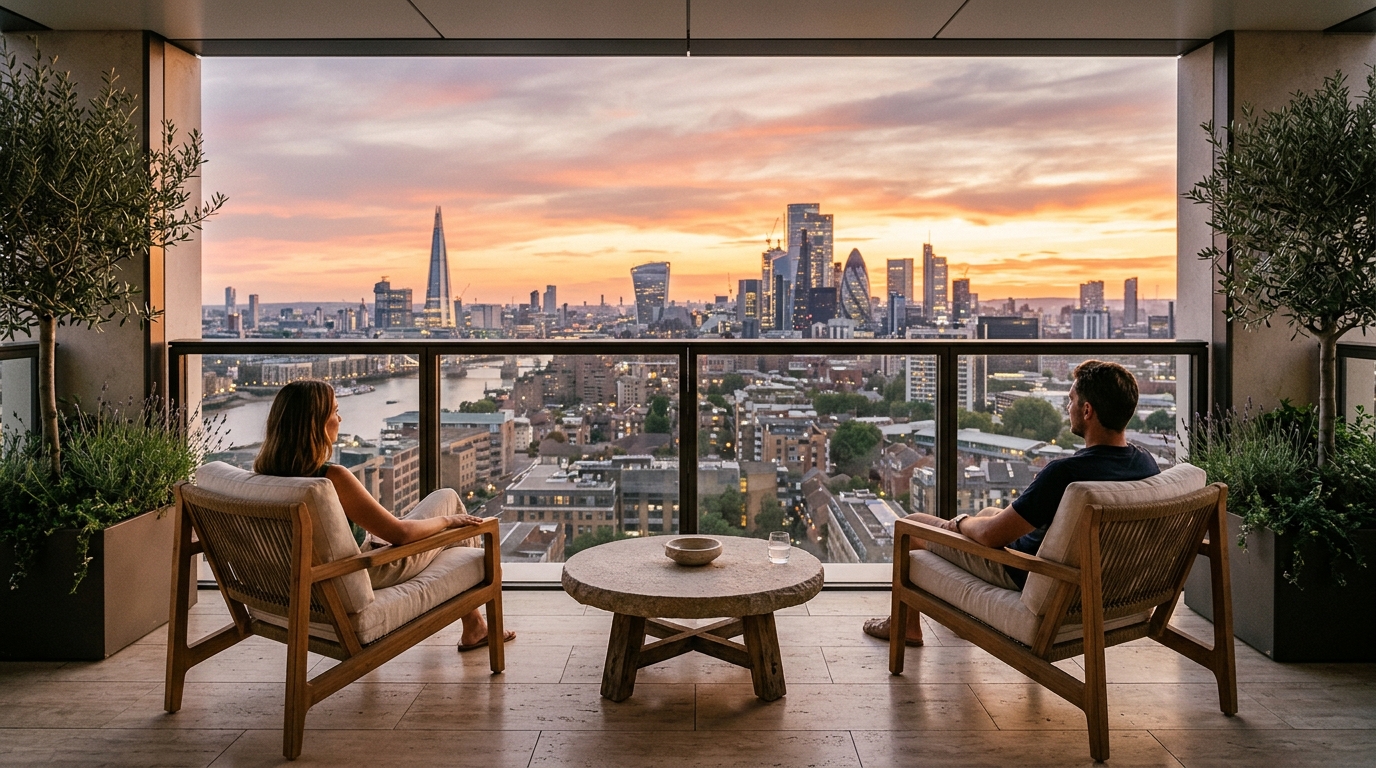 Symmetry in design: two low-profile chairs facing an urban view with a central stone fire pit for a balanced balcony layout.