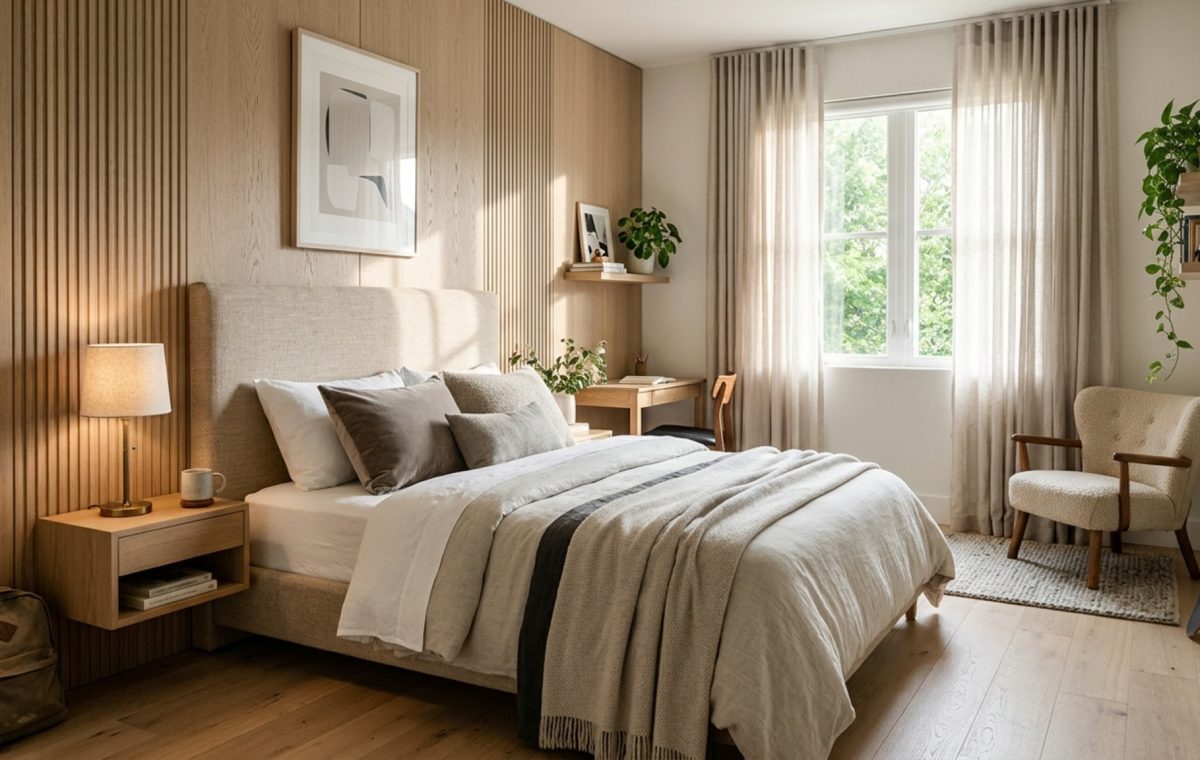 luxury bedroom designs for teenagers textures featuring a heavy Belgian linen headboard against a fluted white oak wall panel with soft natural light.