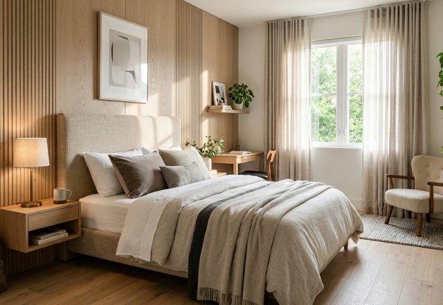 luxury bedroom designs for teenagers textures featuring a heavy Belgian linen headboard against a fluted white oak wall panel with soft natural light.