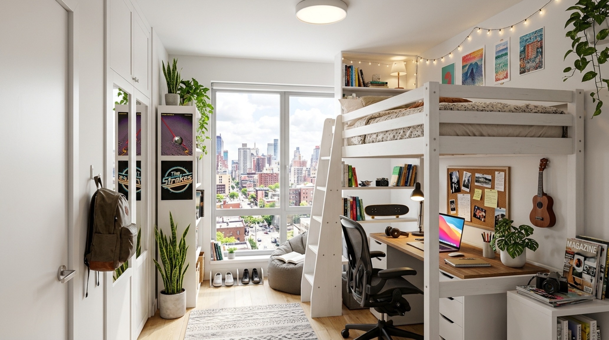 small space bedroom designs for teenagers showcasing a lofted sleep zone with a dedicated social lounge underneath in a high-ceiling urban loft.