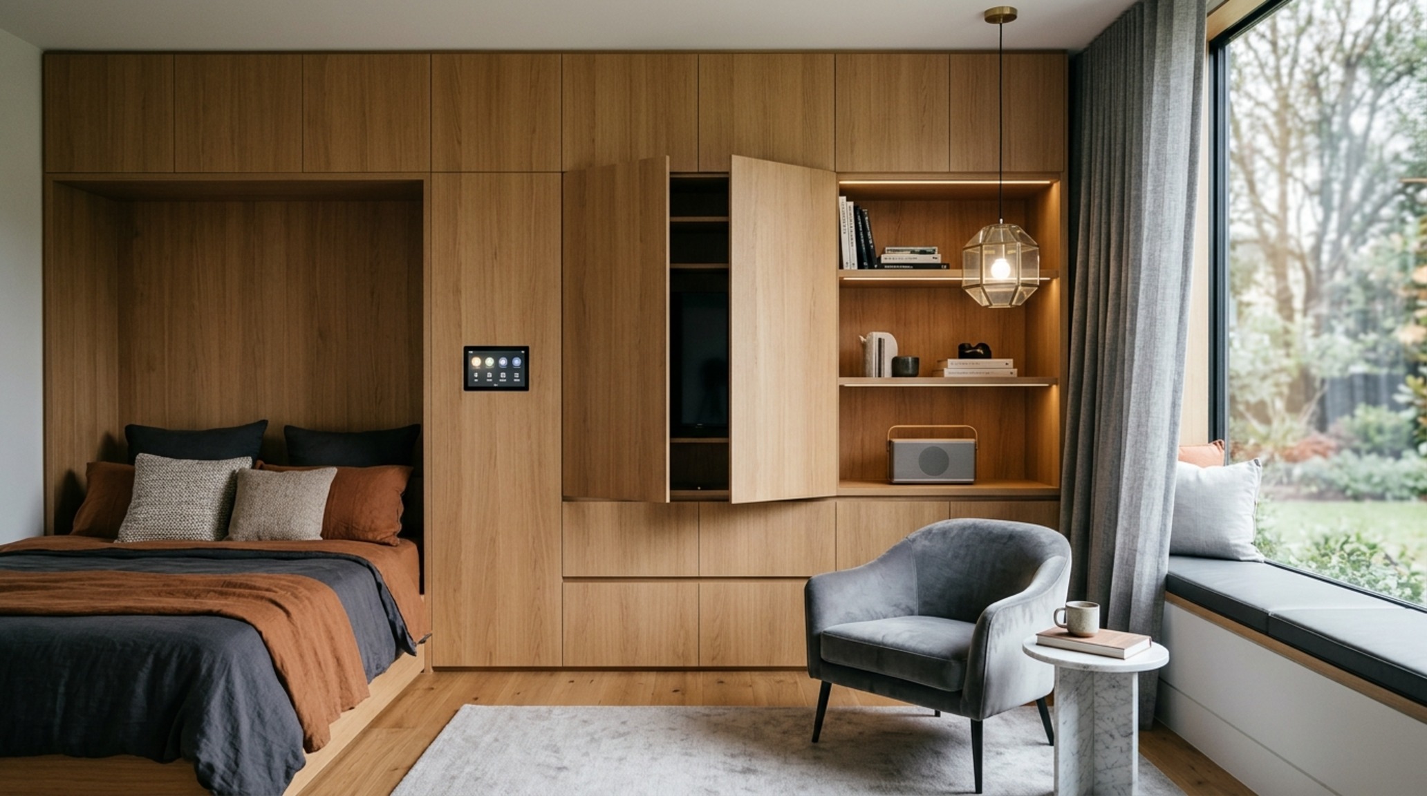 modern bedroom designs for teenagers ideas with motorized sheer linen curtains and concealed tech charging stations in the bedside joinery.