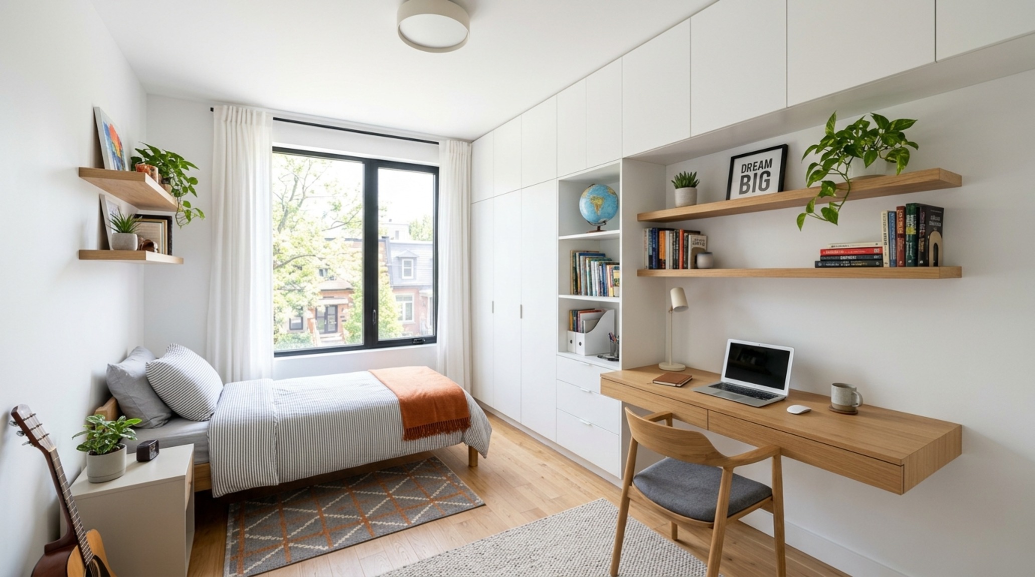 small space bedroom designs for teenagers utilizing a cantilevered white oak desk and floor-to-ceiling custom cabinetry to maximize floor area.